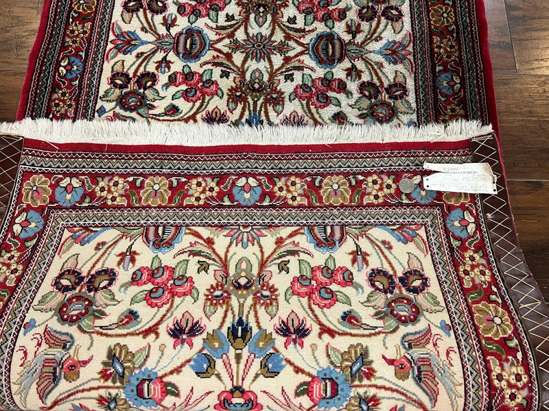 Wonderful Persian Qum Runner Rug 2.8 x 10 ft, Floral Medallions with Bird Motifs, Hand Knotted Wool Fine Oriental 10ft Hallway Runner, Cream Red by Jewel Rugs