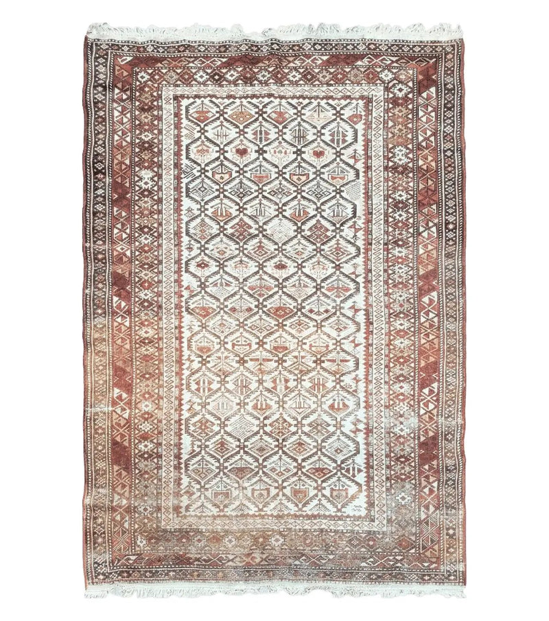 Antique Caucasian Shirvan Rug 4x6, Dagestan Area Rug, Wool Hand-Knotted Soft Red & Ivory 1920s Oriental Carpet, Soft Muted Colors by Jewel Rugs