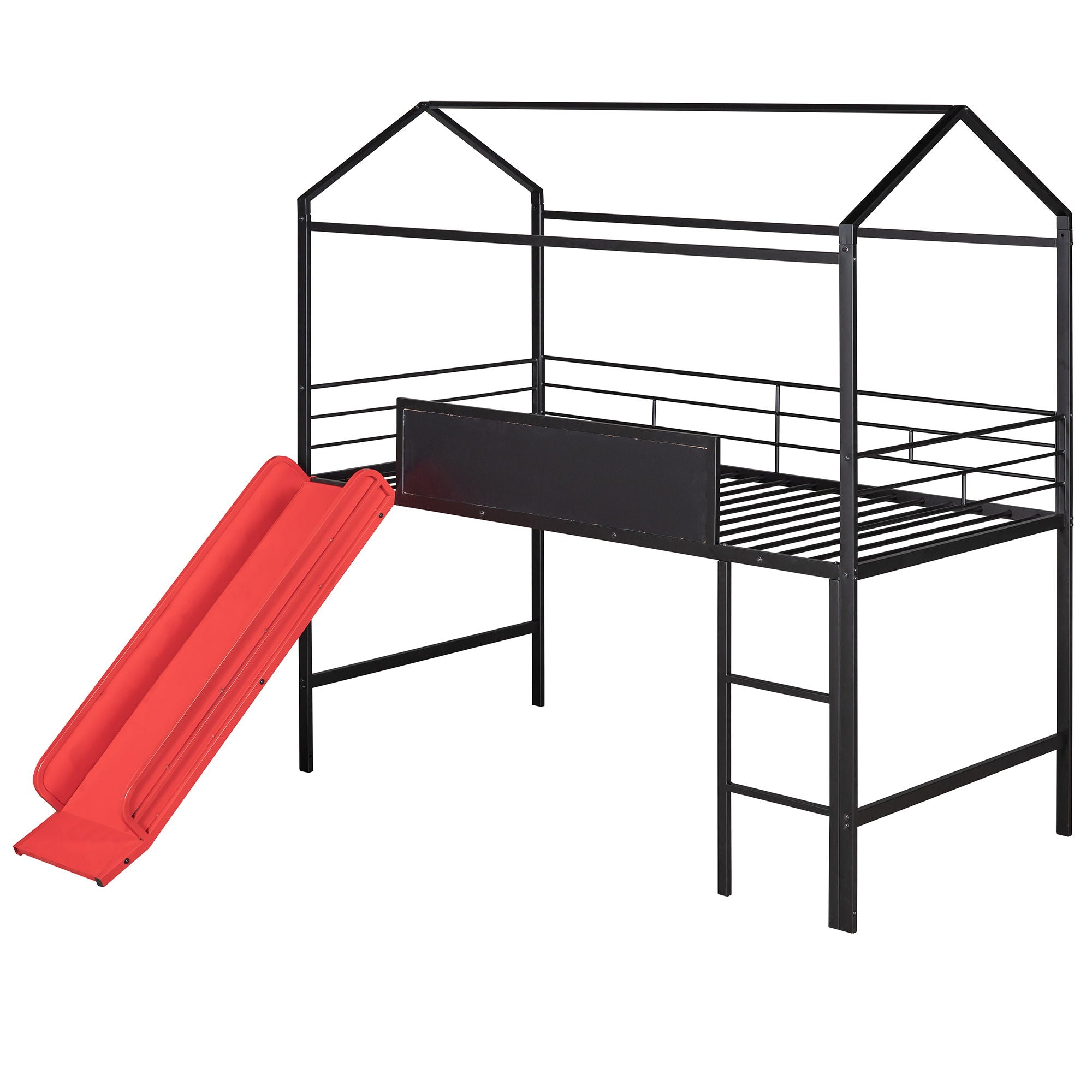 Twin Metal Loft Bed With Slide And 2 Sided Writable Wooden Board - Black by HouseOfZazla