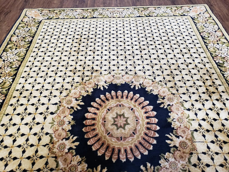 Indian Rug with Tibetan Weave, 6x8 - 6x9 Rugs, Indo-Tibetan Rug, Black and Cream Beige Tan, Floral Border, Soft Rug, Handmade Area Rug, Wool by Jewel Rugs