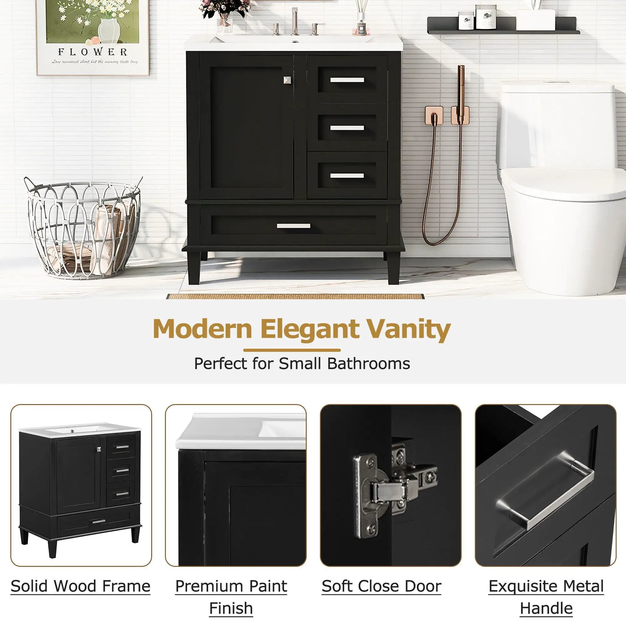 Bathroom Vanity, Modern Bathroom Cabinet With Sink Combo Set, Bathroom Storage Cabinet With A Soft Closing Door And 3 Drawers, Solid Wood Frame by HouseOfZazla