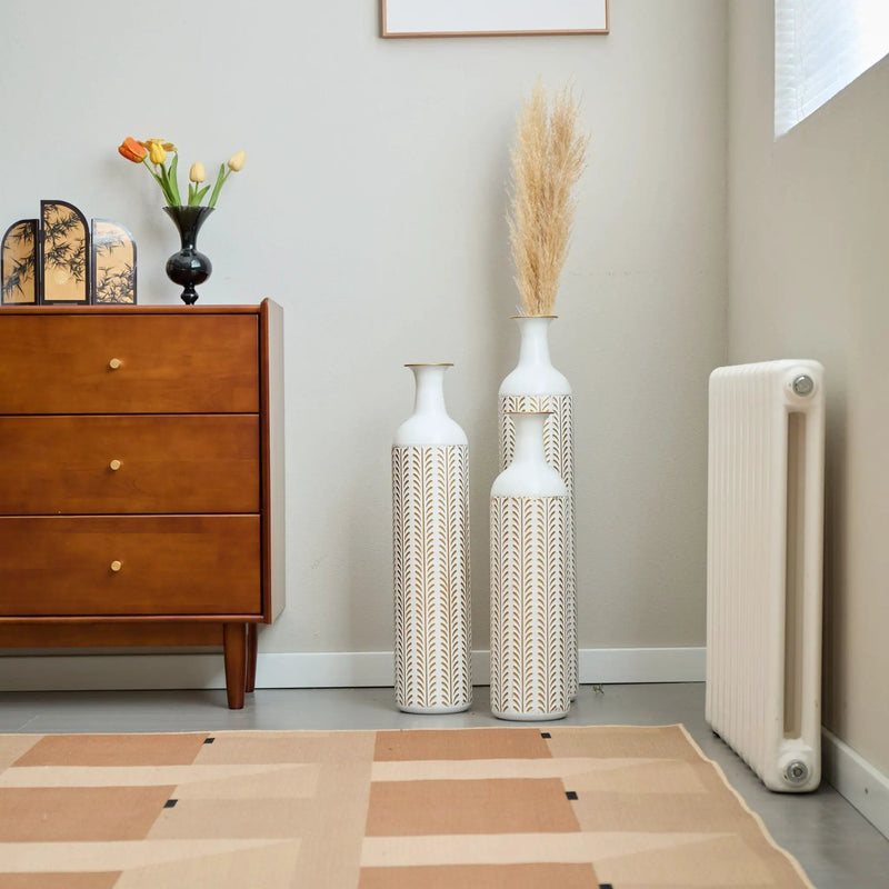 Floor Metal Vase Modern Style Decoration Home Metal Vase 3 Piece Set Gorgeous Home Decoration Large Glazed Metal Vase - Gold / White by HouseOfZazla