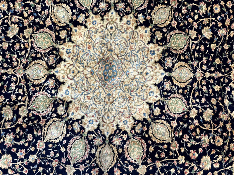 Large Persian Kerman Rug 10x14, Navy Blue and Beige, Floral Medallion, Traditional Elegant Persian Carpet, Signed by Masterweaver by Jewel Rugs
