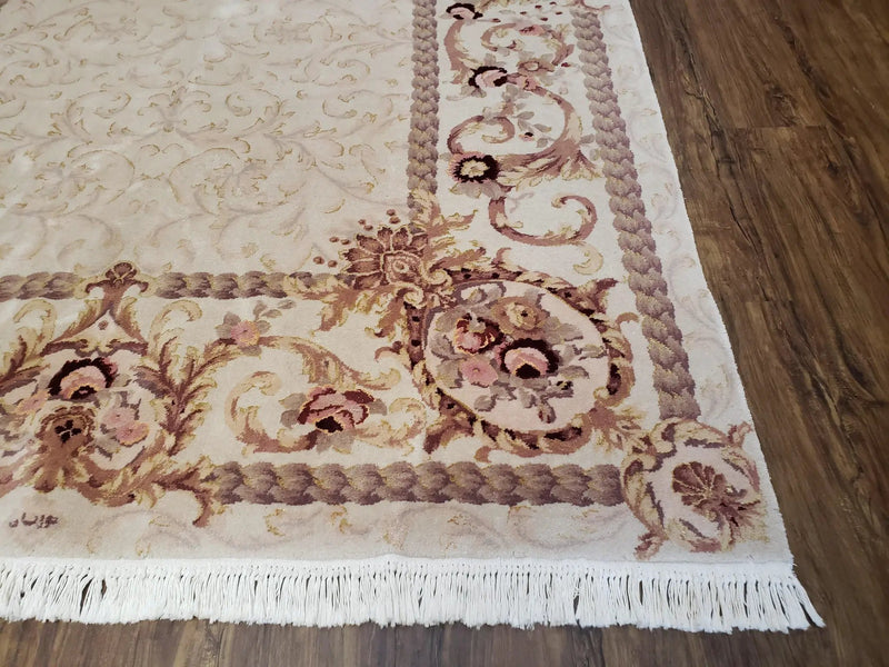 Vintage Ivory Chinese Aubusson Area Rug 6x9, Wool & Silk, Hand-Knotted 120 Line Fine Rug, European Design Carpet, 6 x 9 Master Signature Rug by Jewel Rugs