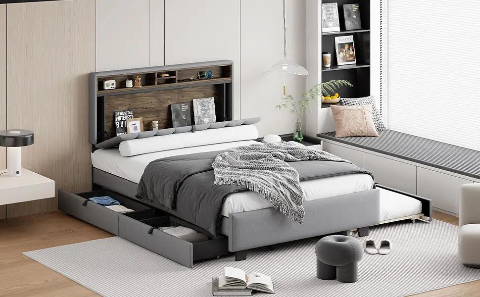 Upholstered Platform Bed With Storage Headboard, Trundle & 2 Drawers And A Set Of Sockets & USB Ports by HouseOfZazla
