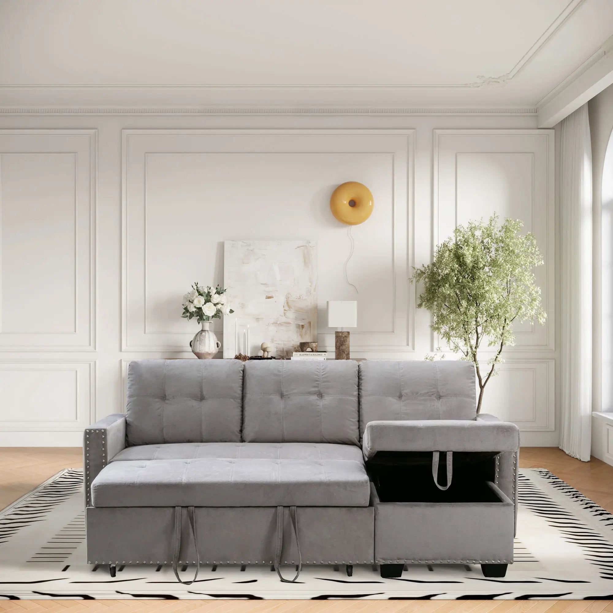 Reversible Sectional Storage Sleeper Sofa Bed, L-Shape 2 Seat Sectional Chaise With Storage, Skin-Feeling Fabric by HouseOfZazla