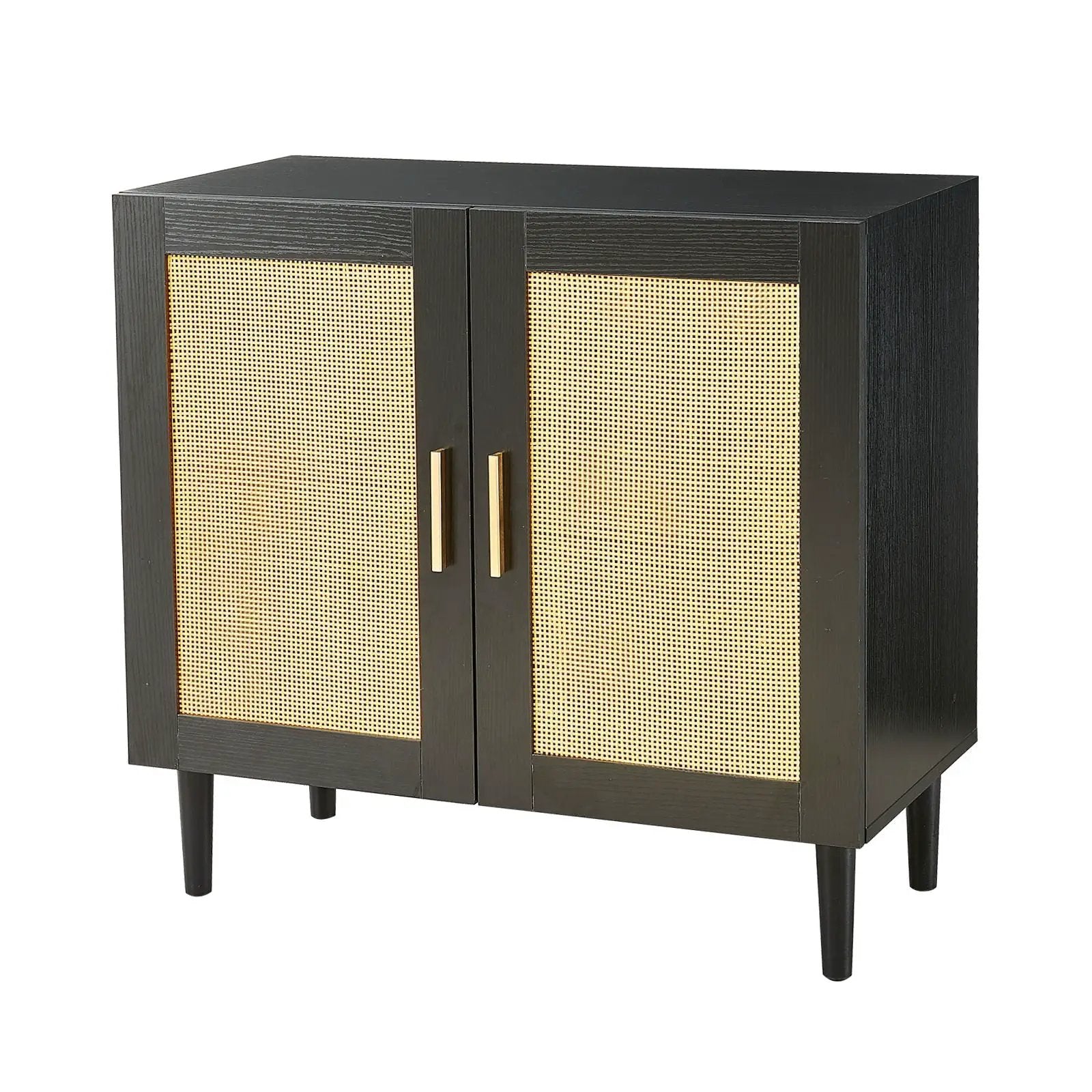 Side Panel Buffet Cabinet With Natural Rattan Door, Rattan Storage Cabinet With Adjustable Shelves, Side Panel And Buffet With Storage Space, Modern Console Cabinet In Bedroom And Living Room - Black / Beige by Unique Piece Furniture