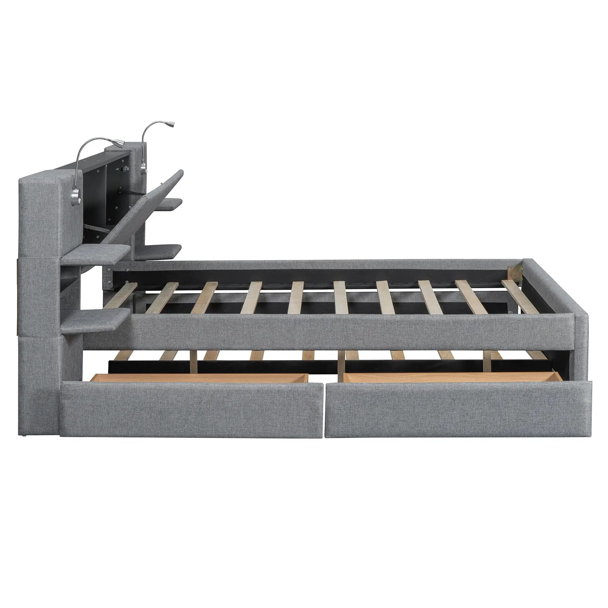 Upholstered Platform Bed With Reading Lights, Drawers, Trundle And Shelves by HouseOfZazla