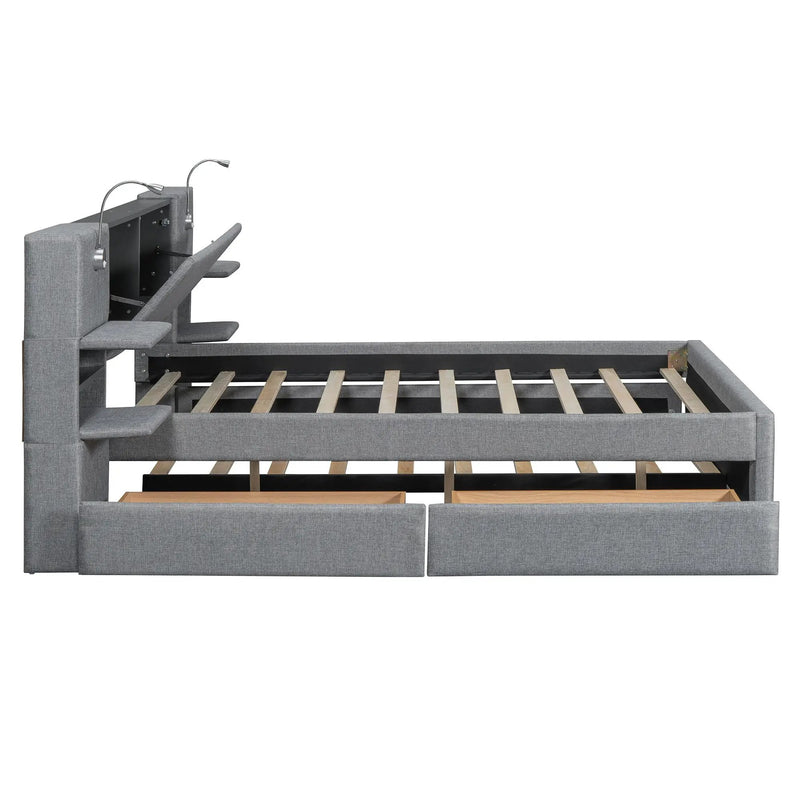 Upholstered Platform Bed With Reading Lights, Drawers, Trundle And Shelves by HouseOfZazla