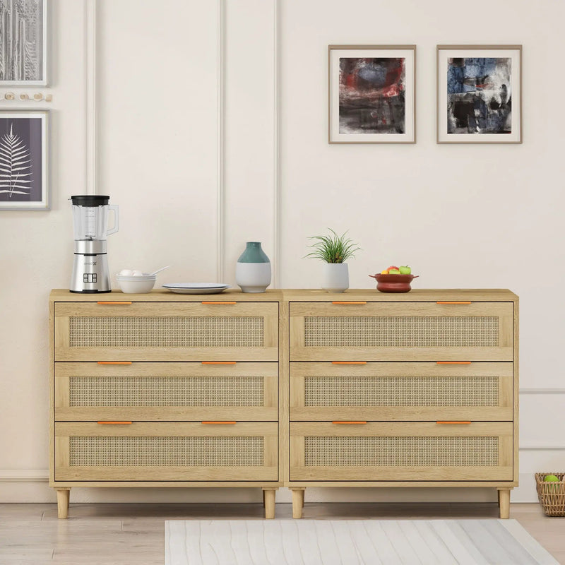 3 Drawers Rattan Storage Cabinet Rattan Drawer, For Bedroom, Living Room, Dining Room, Hallways (Set of 2) - Oak by Unique Piece Furniture