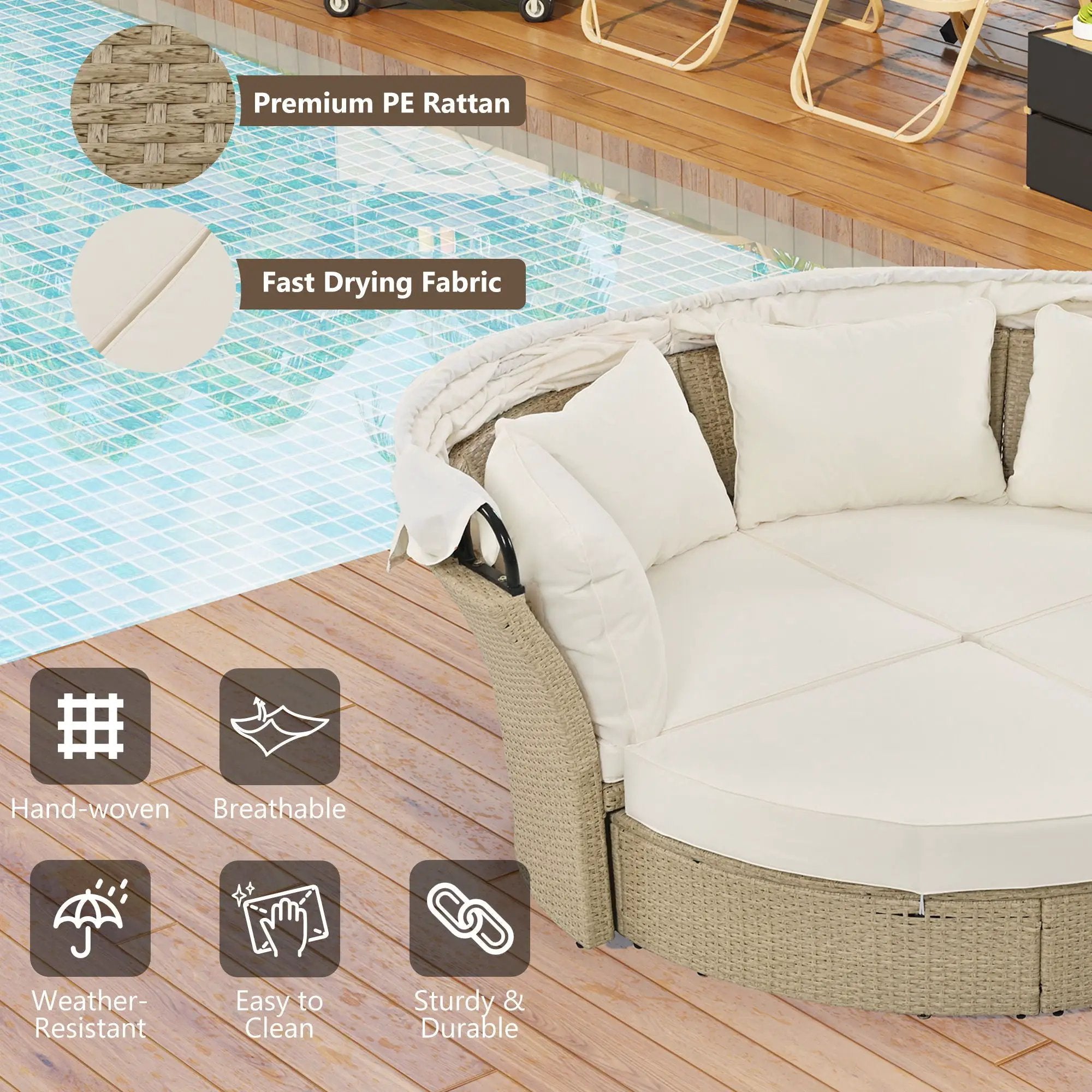 Outdoor Patio Daybed Wicker Rattan Double Daybed Round Sofa Furniture Set With Retractable Canopy, 4 Pillows For Lawn Garden by Unique Piece Furniture