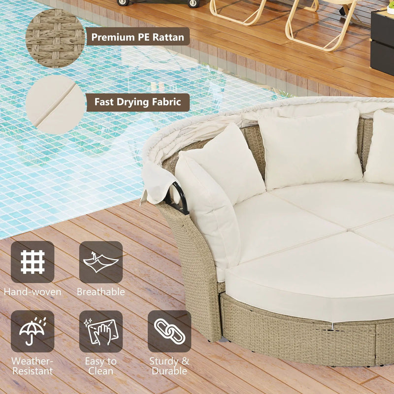 Outdoor Patio Daybed Wicker Rattan Double Daybed Round Sofa Furniture Set With Retractable Canopy, 4 Pillows For Lawn Garden by HouseOfZazla