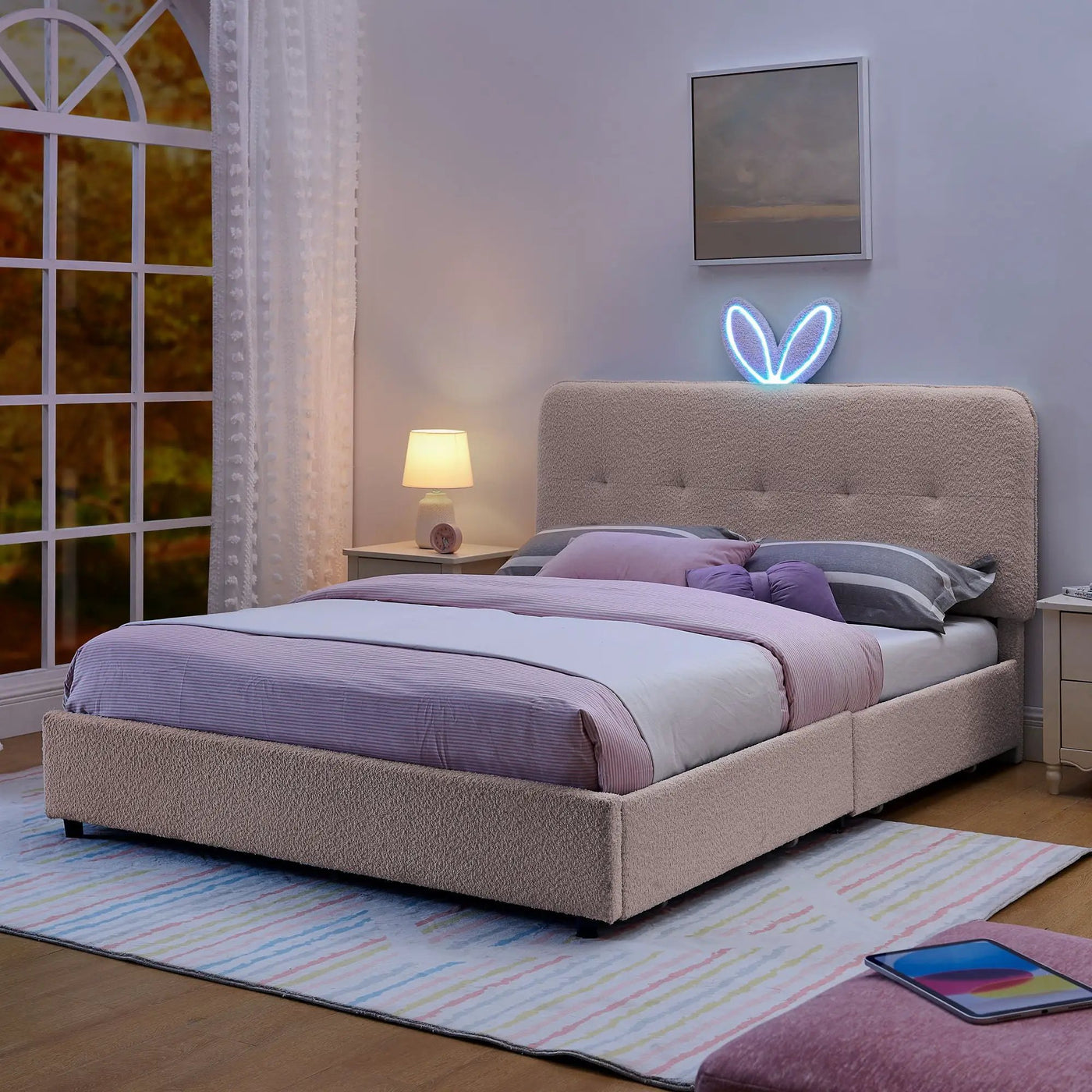 Upholstered Bed With Oversized Rabbit Ear Headboard, LED Lights & 4 Storage Drawers by Unique Piece Furniture