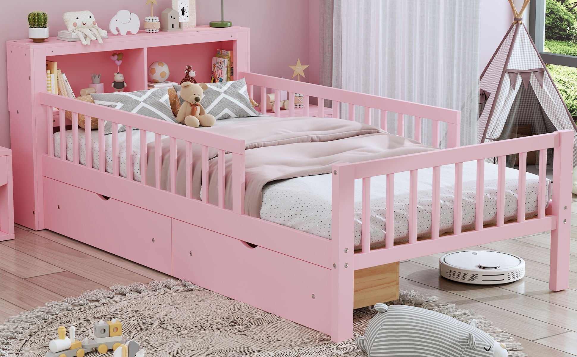 Bed With Headboard Storage Rack, 2 Under Bed Drawers, 3 Side Guardrails For Safety by HouseOfZazla