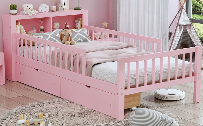 Bed With Headboard Storage Rack, 2 Under Bed Drawers, 3 Side Guardrails For Safety by HouseOfZazla