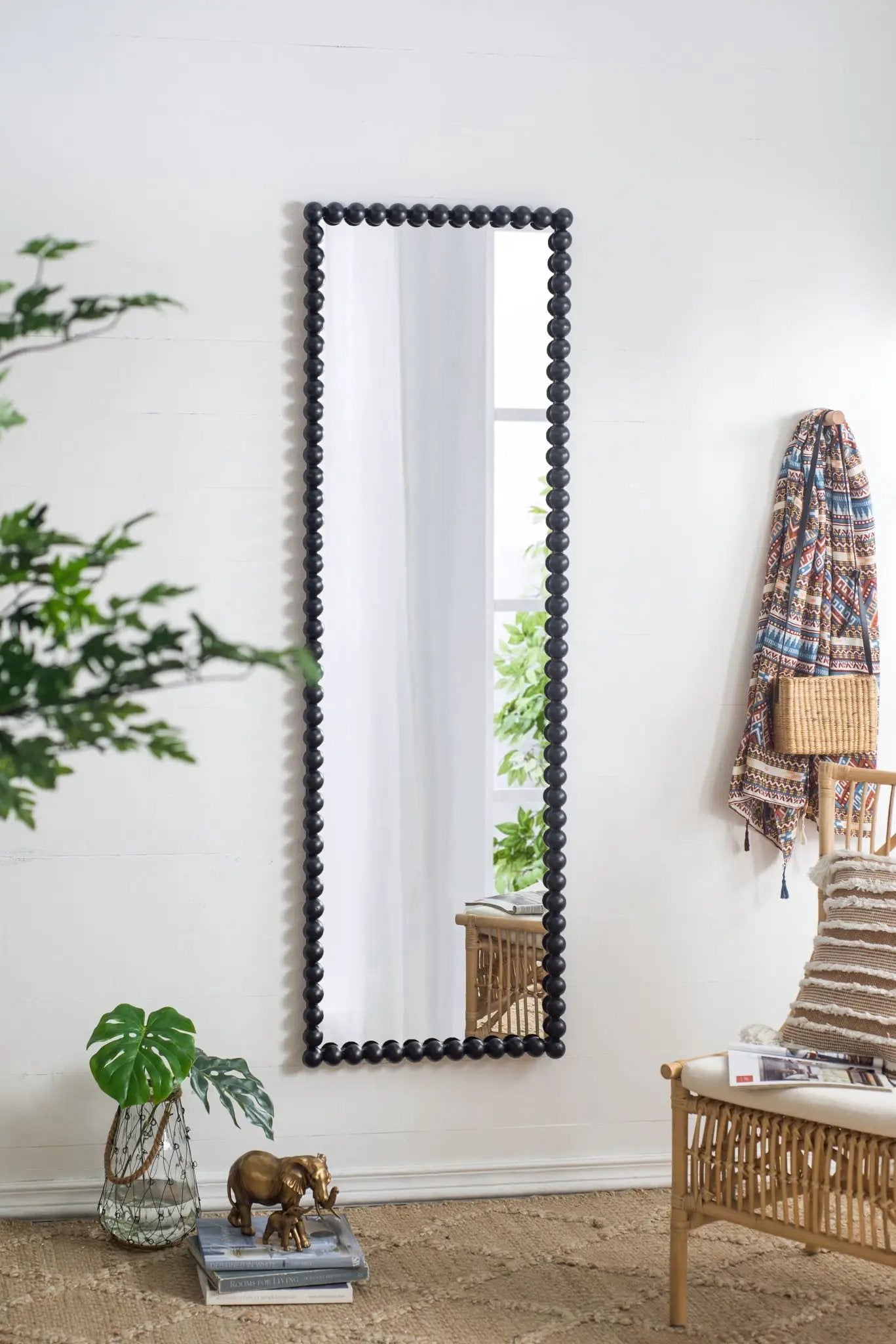 Full Length Mirror With Metal Beaded Frame, Rectangular Oversized Mirror For Living Room Bedroom - Black by Unique Piece Furniture