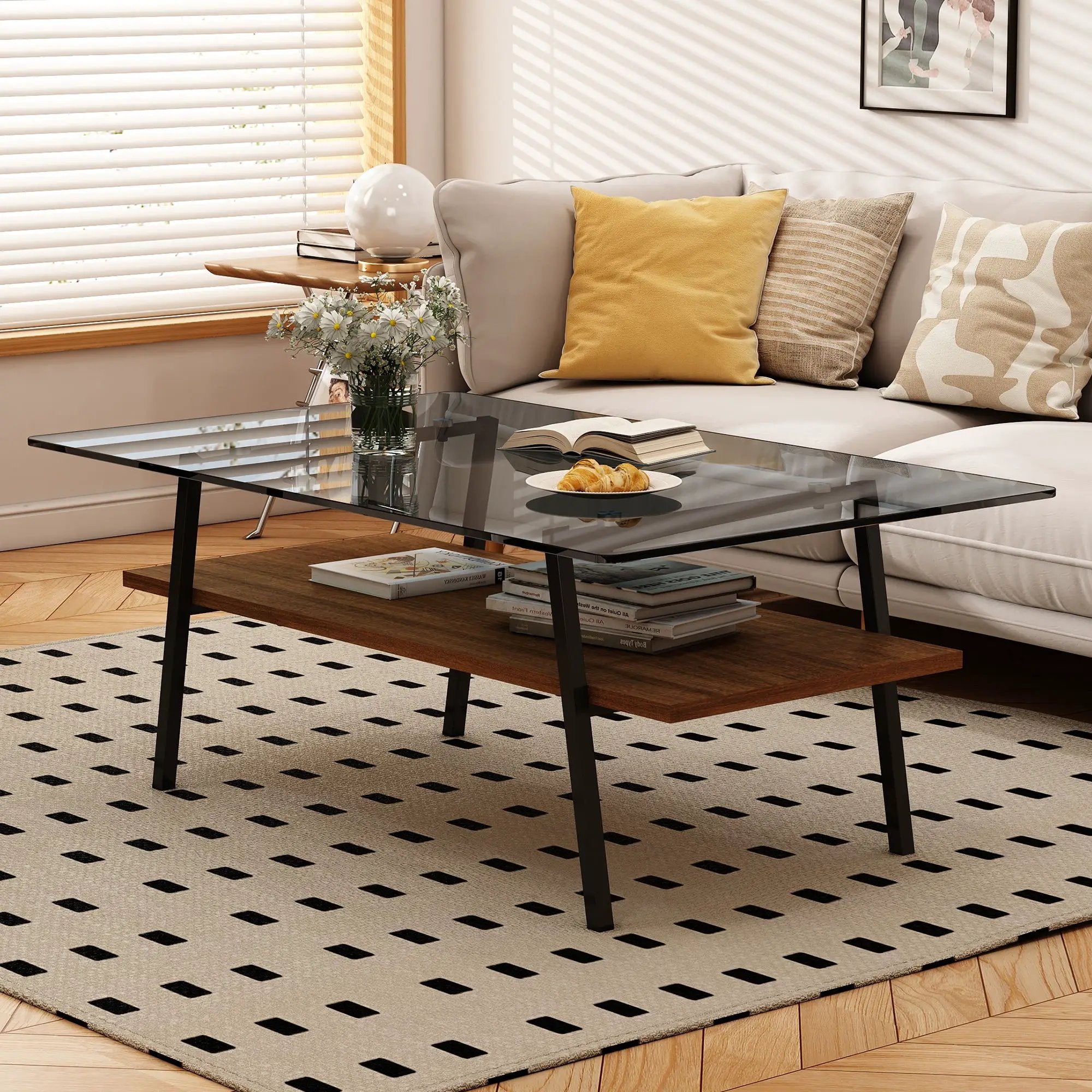 Rectangle Coffee Table, Tempered Glass Tabletop With Metal Legs by HouseOfZazla
