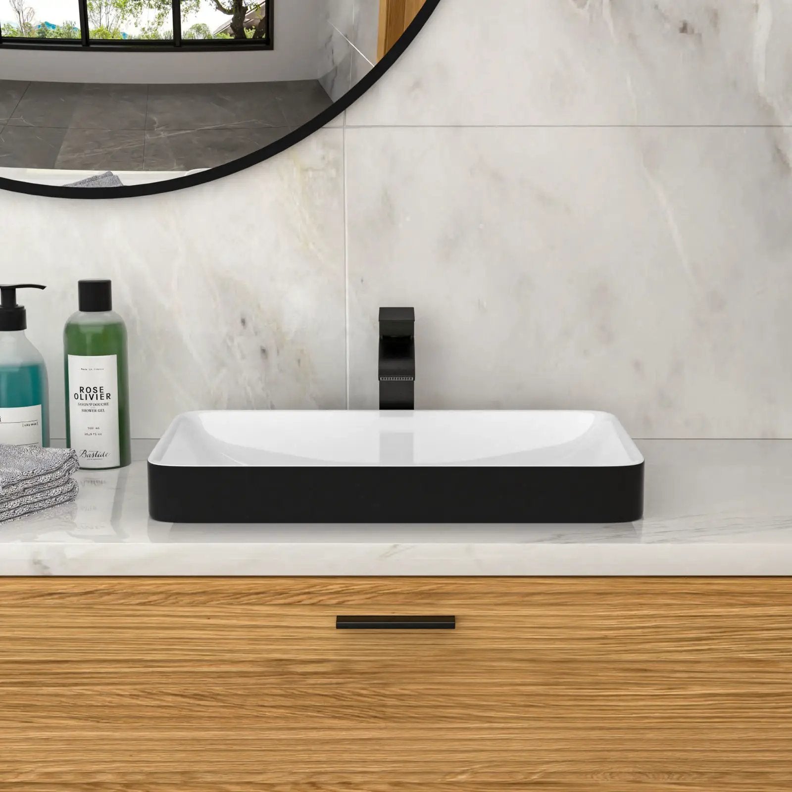 Semi Recessed Bathroom Sink With Vessel Design, Durable Glazed - White / Black by HouseOfZazla