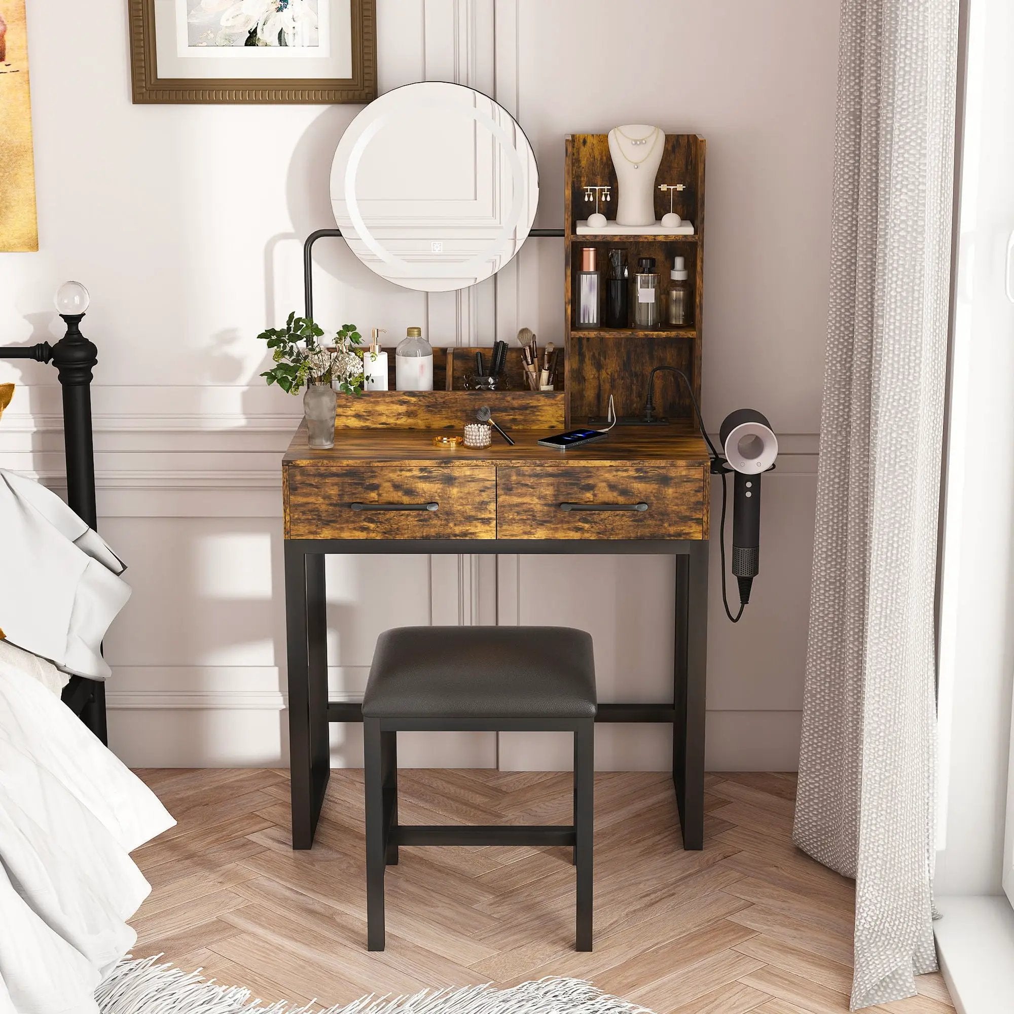 Makeup Vanity Table With LED Lights, 3 Color Options, Power Outlet by Unique Piece Furniture