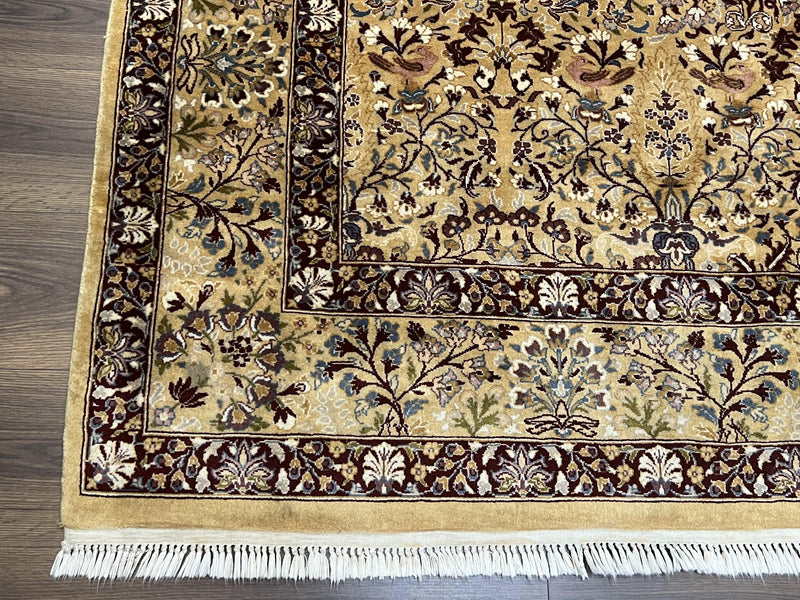 Pretty Indo Persian Rug 6x9, Allover Floral Motif with Birds, Tan/Cream, Very Fine Oriental Carpet, Hand Knotted Vintage Indian Wool Rug by Jewel Rugs