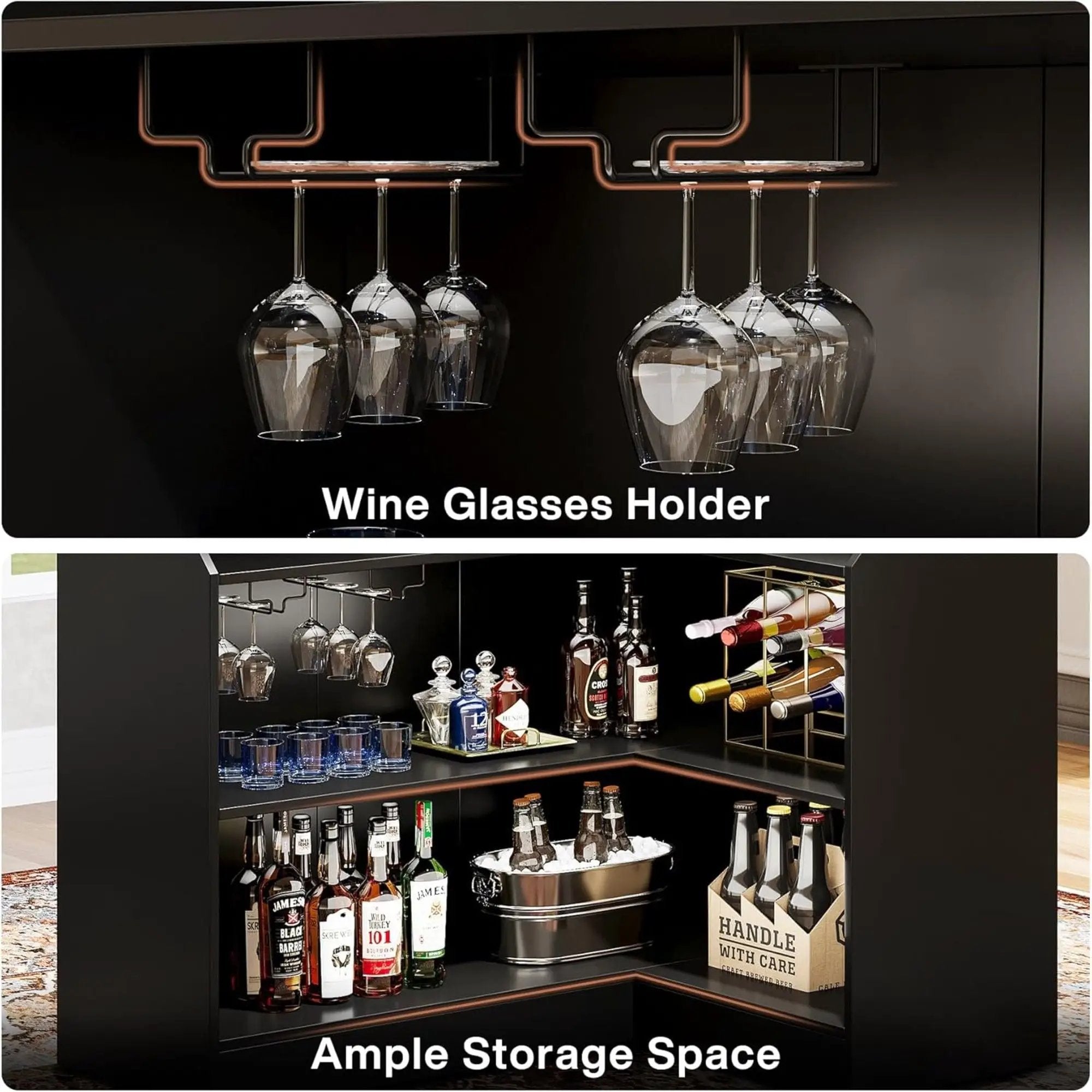L-Shaped Home Bar Cabinet With Stemware Racks, 4 Tier Corner Unit, Liquor Wine Bar Table & Reception Desk For Home Pub - Black by HouseOfZazla