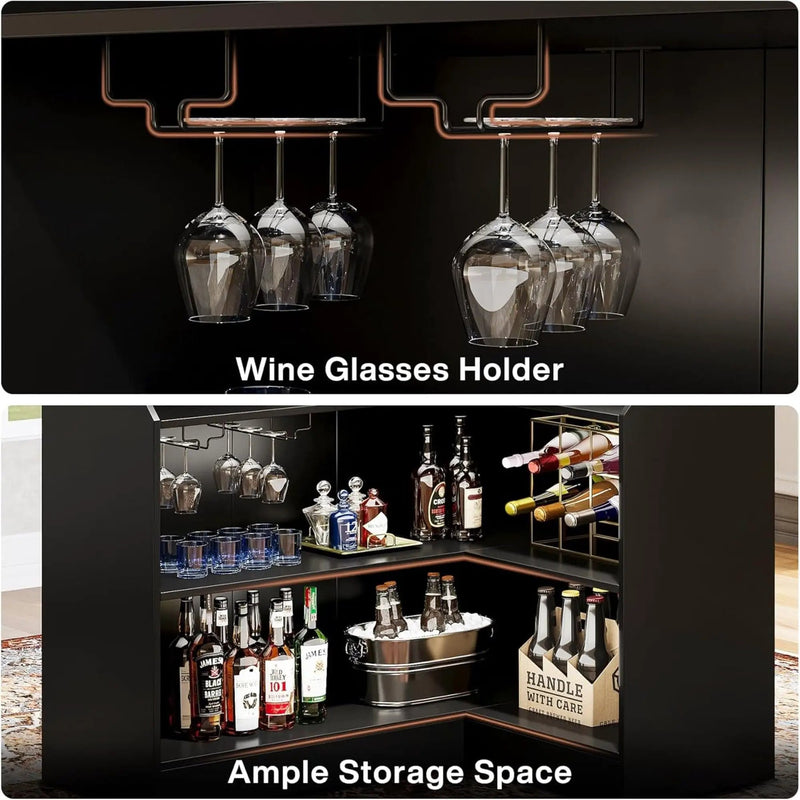 L-Shaped Home Bar Cabinet With Stemware Racks, 4 Tier Corner Unit, Liquor Wine Bar Table & Reception Desk For Home Pub - Black by HouseOfZazla