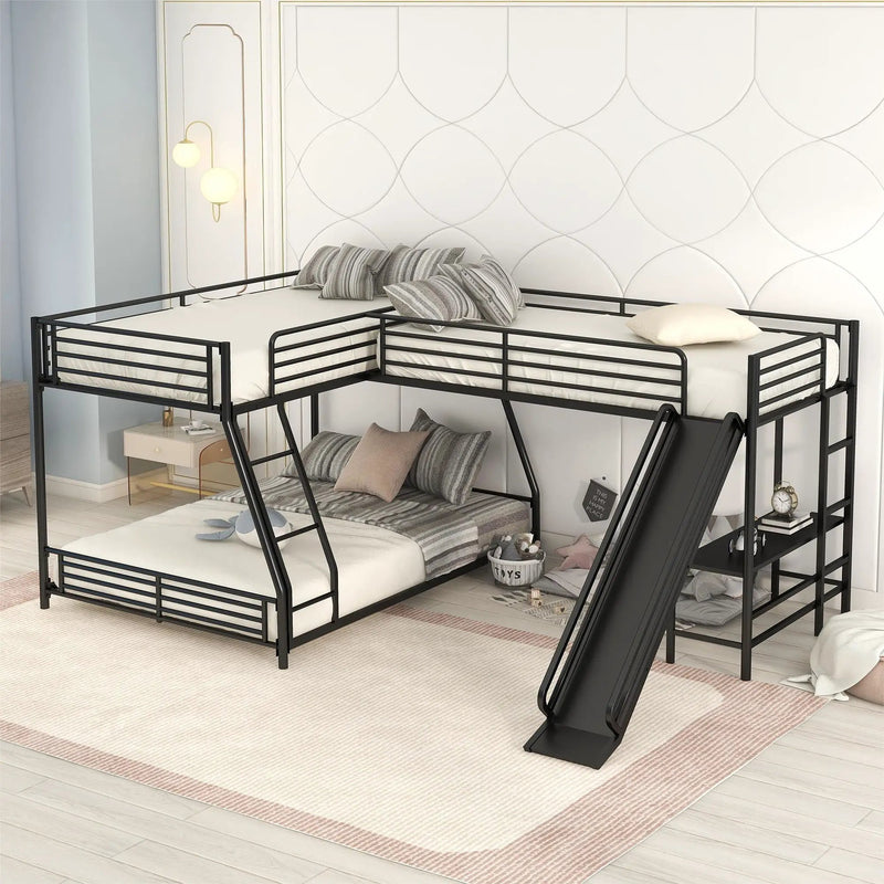 L-Shaped Twin Over Full Bunk Bed With Twin Loft, Built In Desk And Slide - Black by HouseOfZazla