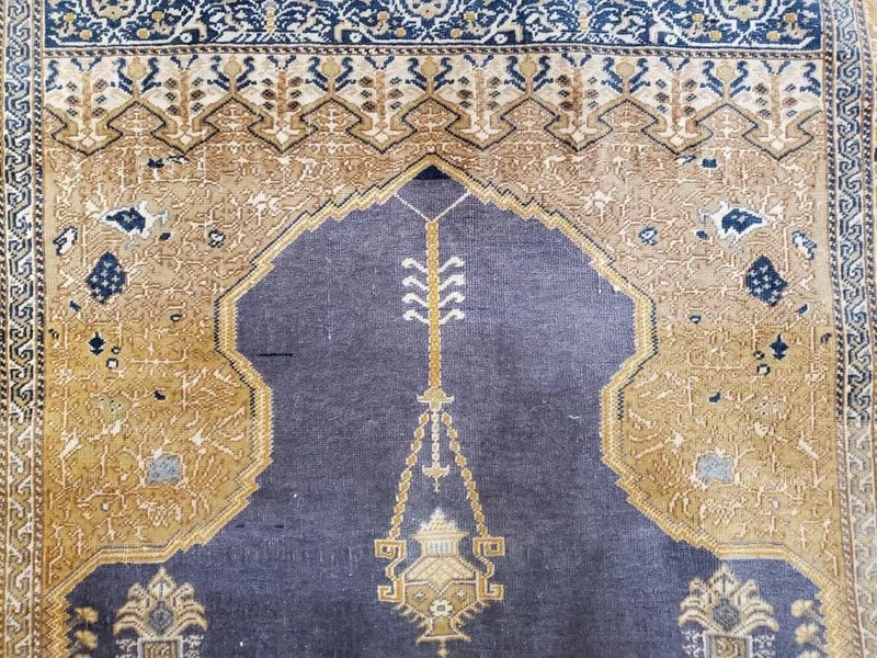 Rare Turkish Ghiordes Prayer Rug 4 x 5.8 ft, Late 19th Century Turkish Oriental Carpet, Mehrab Antique Prayer Rug, Museum Quality, Blue, Tan by Jewel Rugs