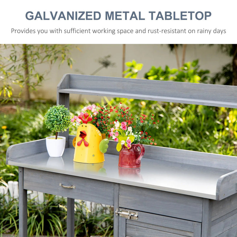 Outsunny - Outdoor Potting Bench Table, Garden Work Station With Storage Cabinet, Open Shelf And Steel Tabletop - Gray by HouseOfZazla