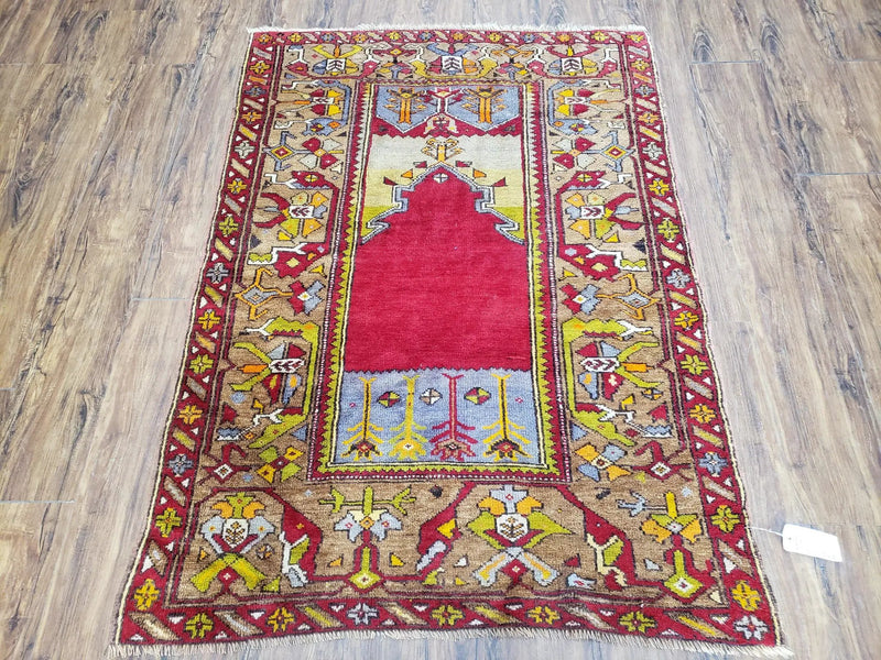 Antique Turkish Prayer Rug 3.8 x 5ft, Colorful Prayer Rug, Red Blue Gold Multicolor Turkish Anatolian Carpet, Handmade Hand-Knotted, Wool by Jewel Rugs