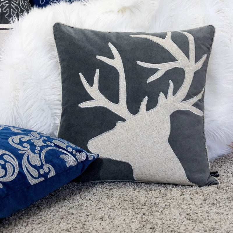 Holiday Reindeer Velvet Accent Pillow 20x20 – Gray and White by HouseOfZazla