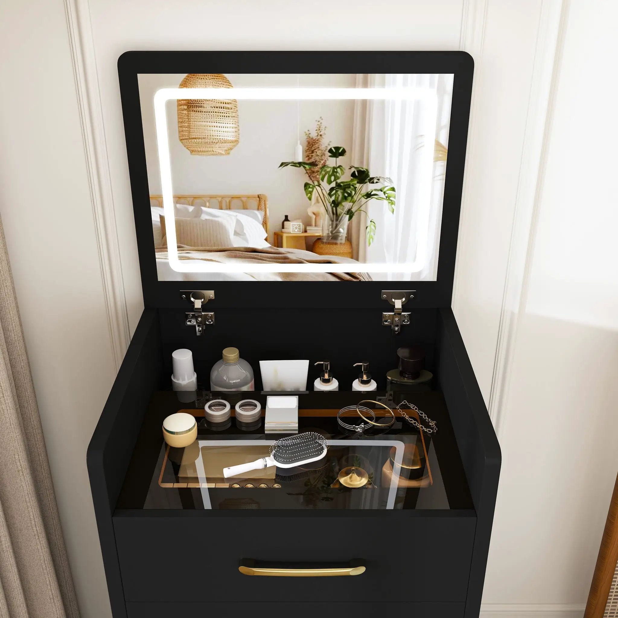 3 In 1 Vanity Desk With Open Top Mirror, Glass Desktop Makeup Set With 3 Drawers, Compact Dressing Table For Bedroom - Black by HouseOfZazla
