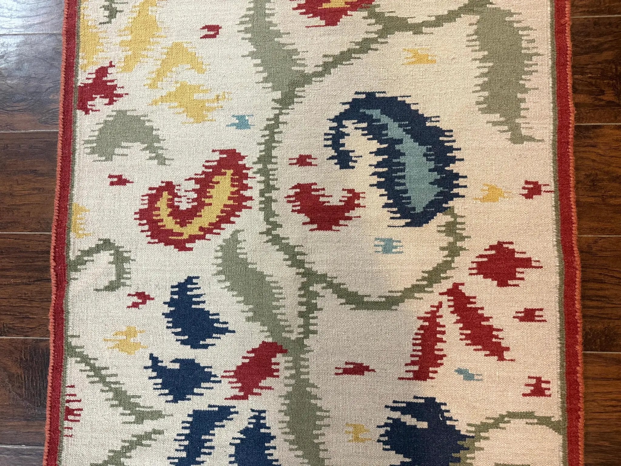 Indian Kilim Flatweave Rug 3x5, Abstract, Beige and Multicolor Flowers, Handmade by Jewel Rugs