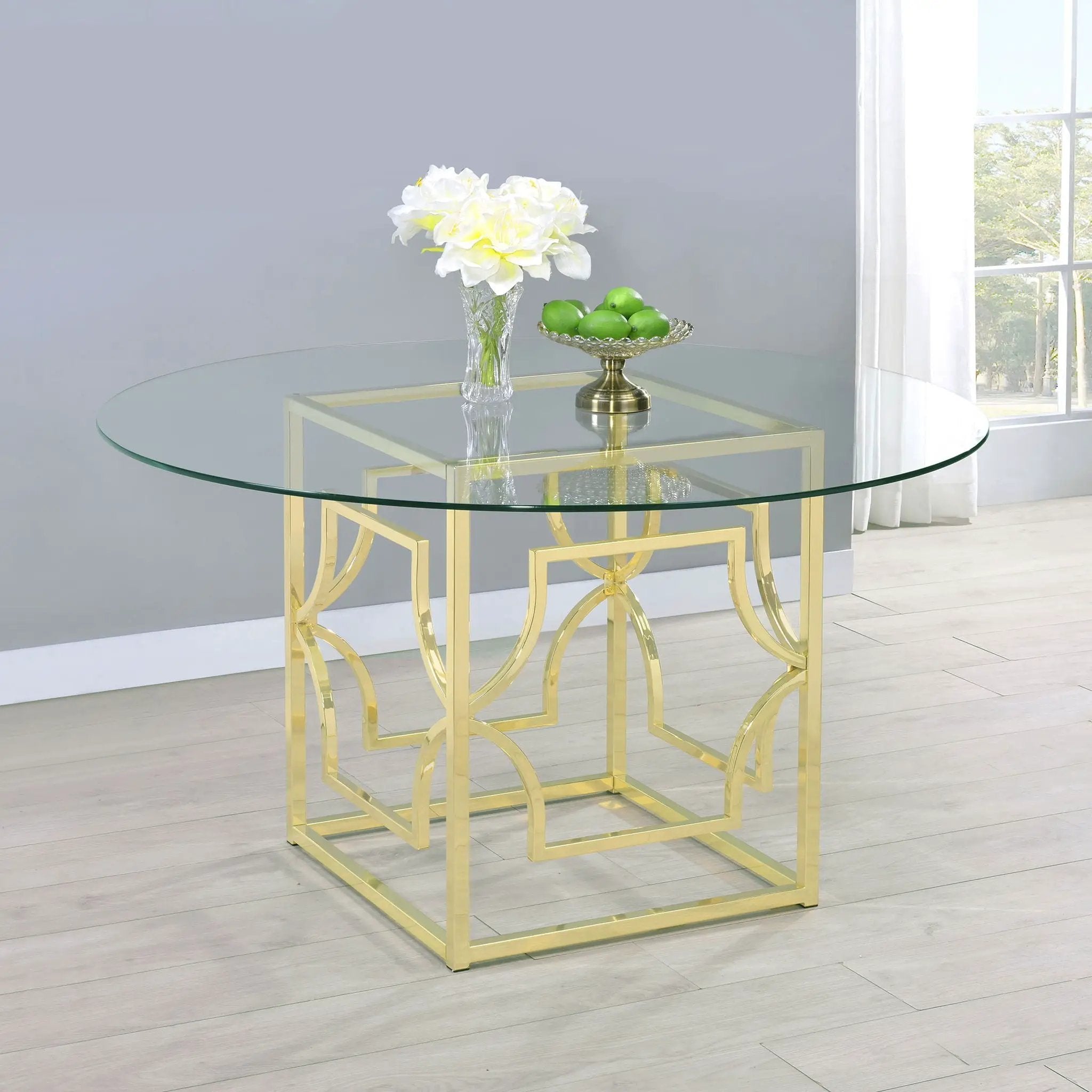 Krista - Round Glass Top Dining Table - Gold by HouseOfZazla