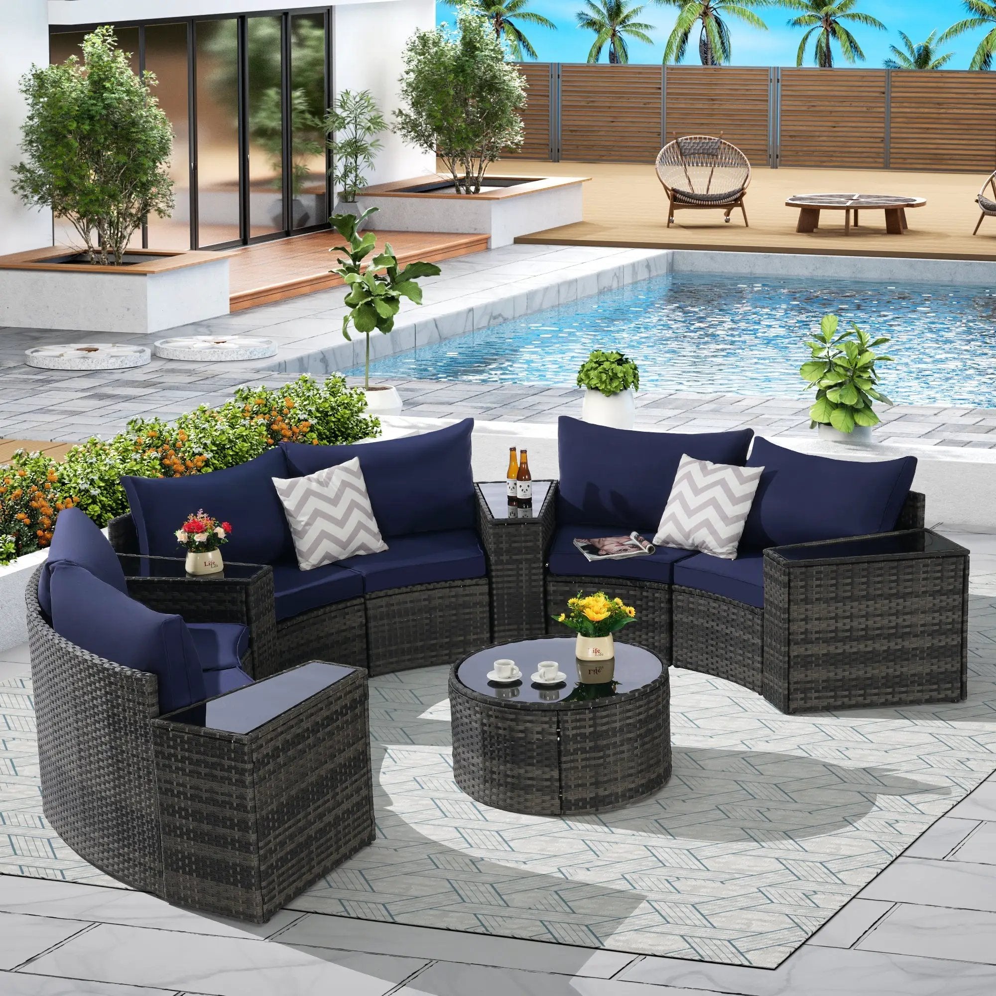 Outdoor Patio Furniture 11-Piece Half-Moon Sectional Round Patio Furniture Set by HouseOfZazla