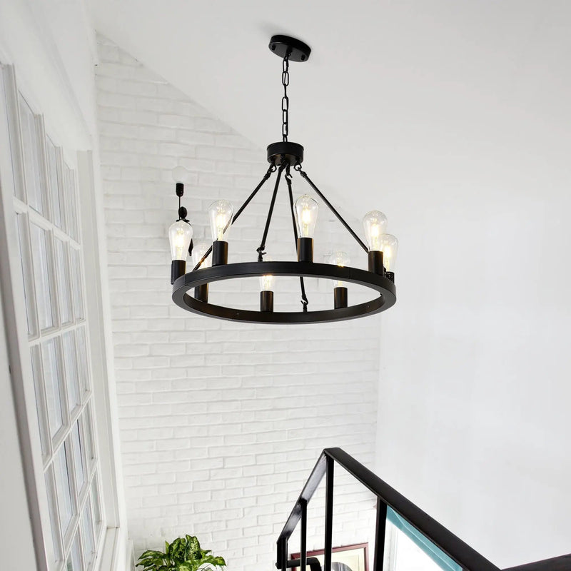 6 Light (No Bulbs) Wagon Wheel Chandelier Farmhouse Modern Small Round Chandelier For Living Room Kitchen Island Foyer Hallway Entryway Bedroom Dining Room Light Fixture Ceiling Hanging - Matte Black by Unique Piece Furniture