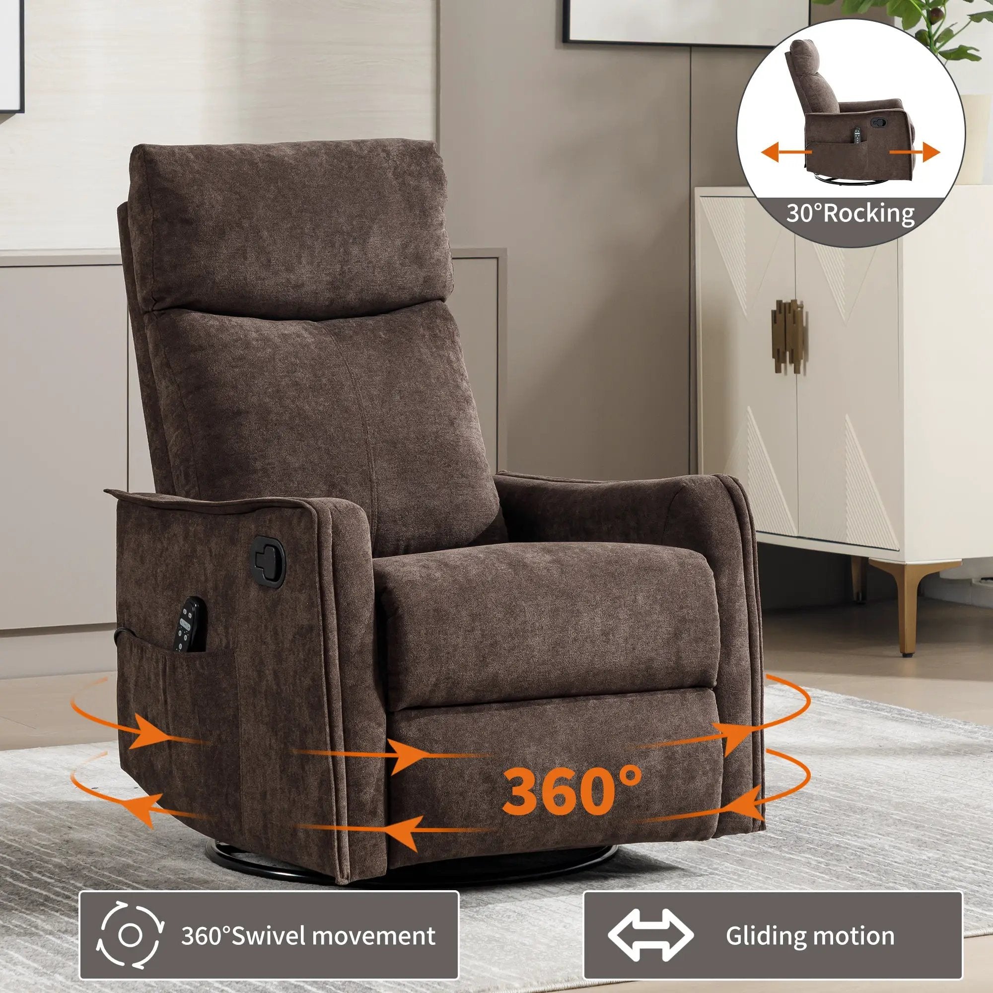 Heat Massage Manual Recliner Chair with Rocker and Swivel in Fabric by HouseOfZazla