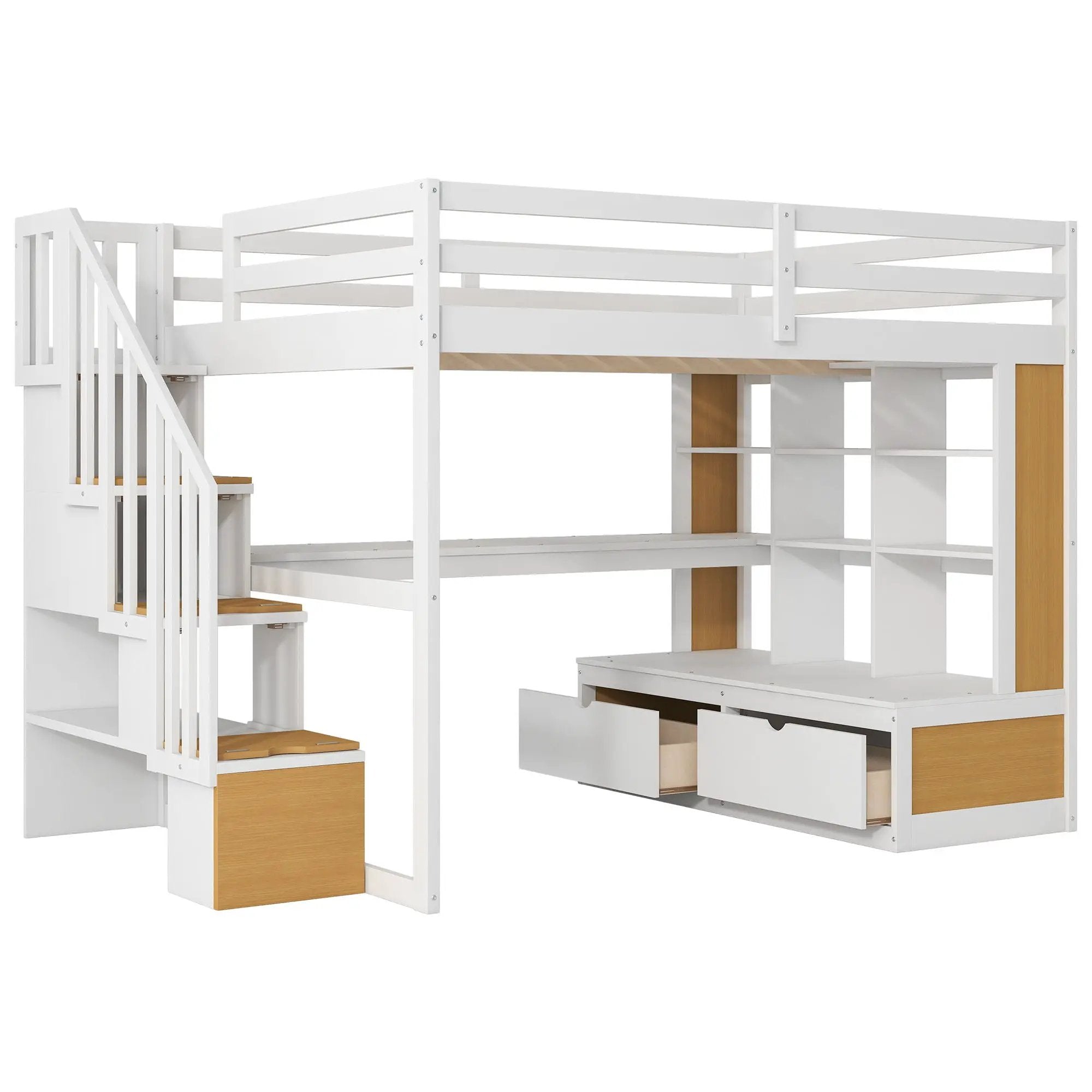 Full Size Loft Bed With Desk And Shelves, 2 Built In Drawers, Storage Staircase - Natural / White by Unique Piece Furniture