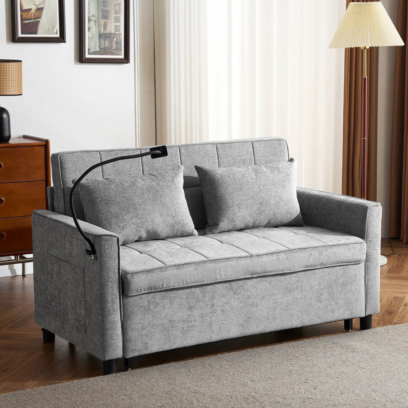 Pull-Out Sleeper Sofa With Reversible Backrest Cushion, Side Pockets, 2 USB Ports And A Phone Holder For Living Room by Unique Piece Furniture