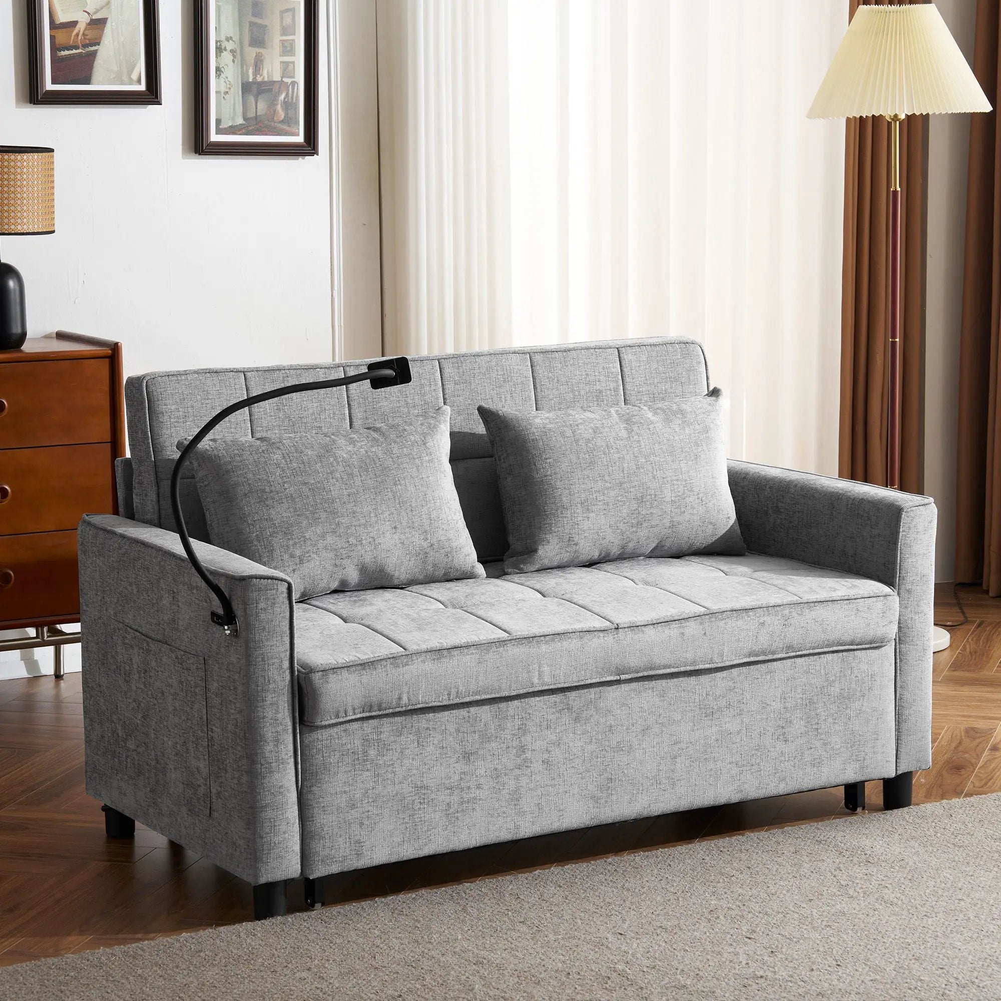 Pull-Out Sleeper Sofa With Reversible Backrest Cushion, Side Pockets, 2 USB Ports And A Phone Holder For Living Room by Unique Piece Furniture