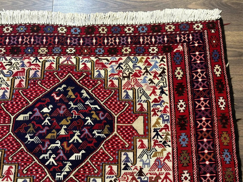 Persian Soumak Kilim Rug 4x6, Triple Medallions Tribal Pictorials, Caucasian Azerbaijani Kilim by Jewel Rugs