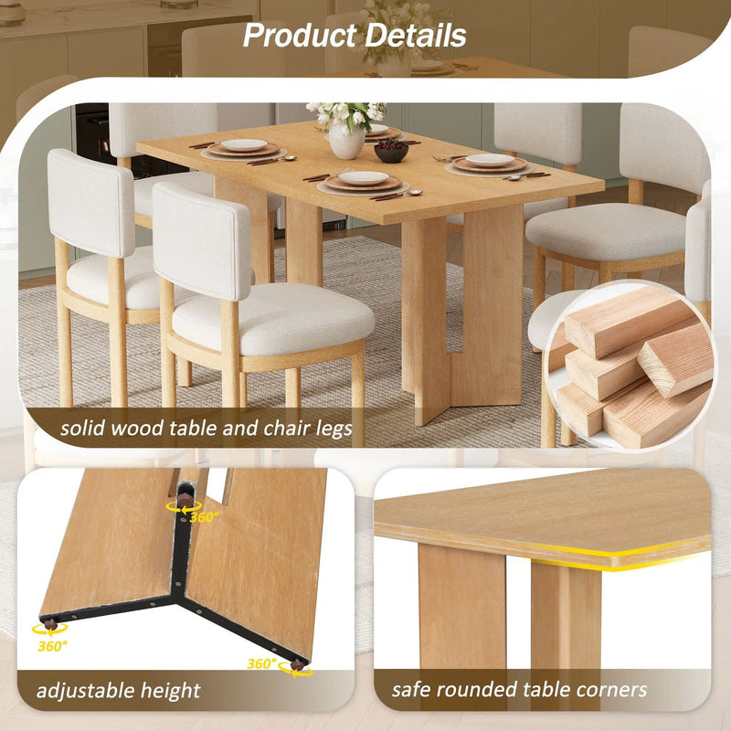 Dining Table Set With 6 Upholstered Chairs, Rectangular Table With Cutout Legs by Unique Piece Furniture