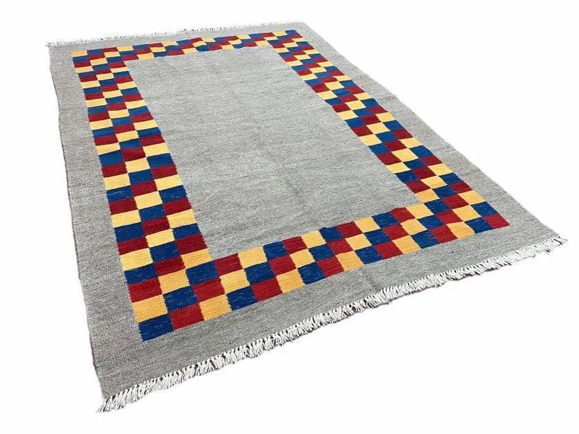 Gray Kilim Carpet, Yellow, Red, Blue Checkerboard Pattern, Flatweave, New, Geometric, Hand-Knotted, Wool, Turkish Area Rug, 5' 9" x 7' 9" by Jewel Rugs