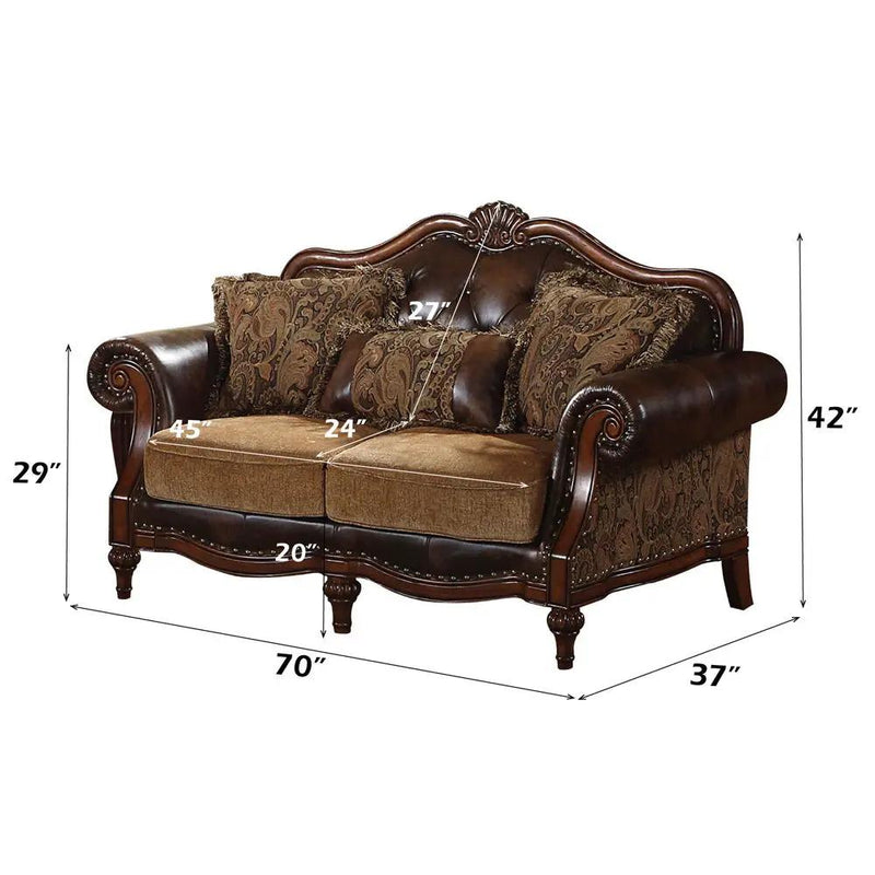 Dreena - Loveseat With 3 Pillows - Two Tone Brown Synthetic Leather & Chenille Cherry by Unique Piece Furniture