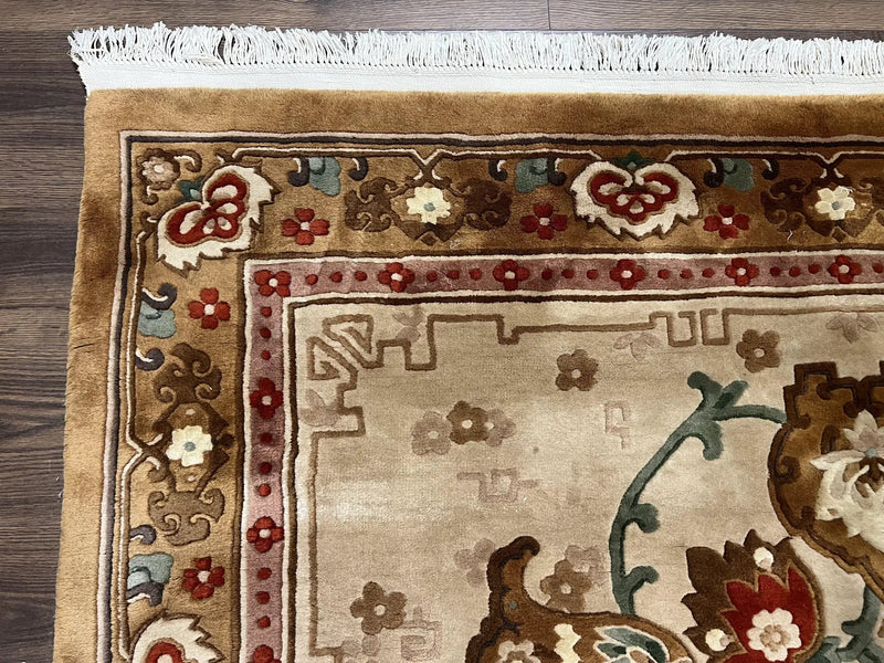 Chinese Wool Rug 5.9 x 9, Tan and Brown Asian Art Deco Carpet, Vintage 1960s Oriental Rug, Hand-Knotted Rug, Soft Wool, Medallion, Pair B by Jewel Rugs