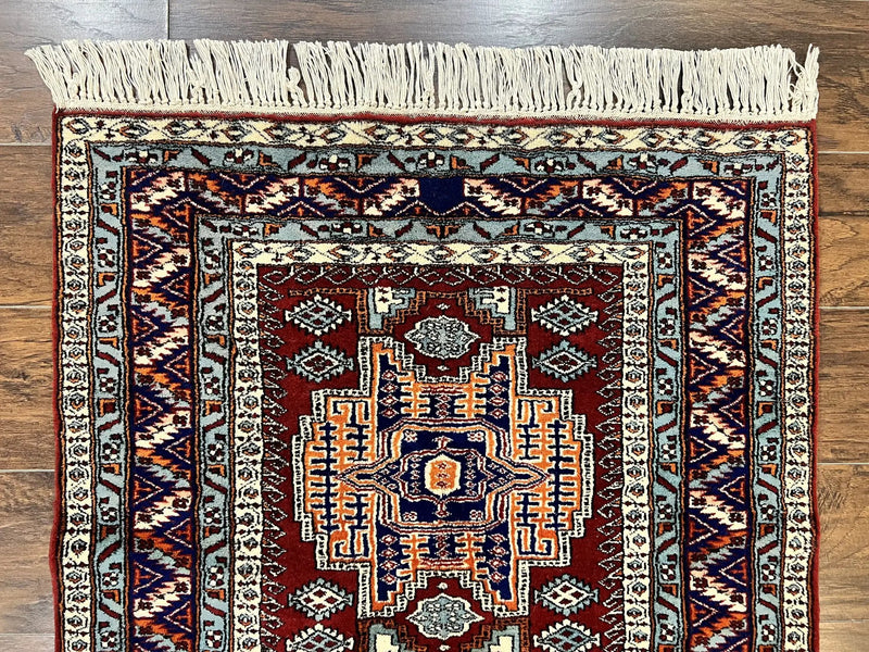 Pakistani Rug 3x5 ft, Caucasian Kazak Design, Geometric Rug, Small Vintage Oriental Carpet, Dark Red Vintage Handmade Wool Rug 3 x 5 by Jewel Rugs