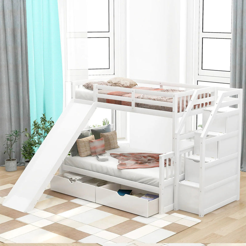 Bunk Bed With Storage Staircase, Slide, Desk, Drawers, And Shelves by Unique Piece Furniture