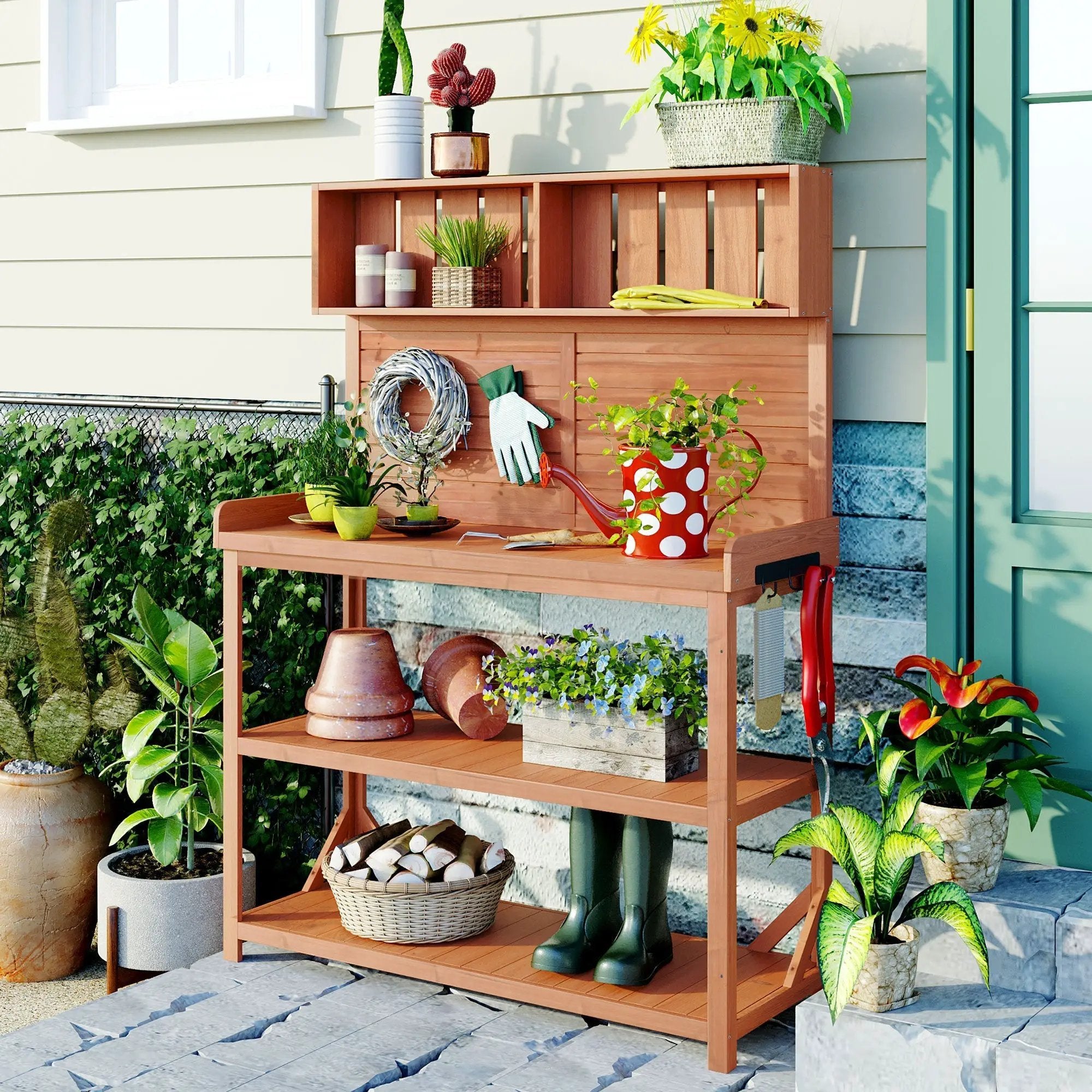 TOPMAX 65' Large Wooden Farmhouse Rustic Outdoor Potting Bench Table by HouseOfZazla