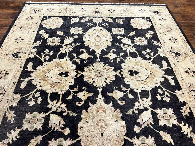 Indo Mahal Rug 8x10, Black and Beige, Vintage Rug 8 x 10 ft, Floral, Handmade Wool Carpet by Jewel Rugs