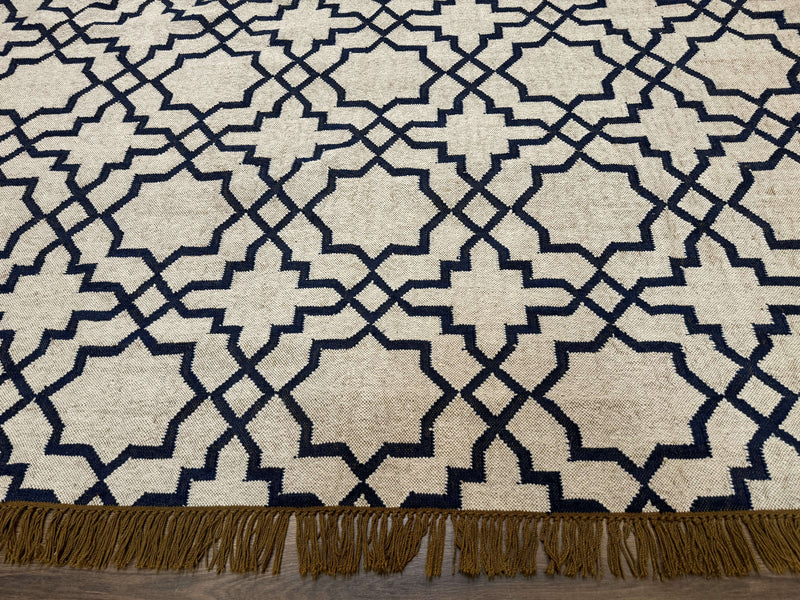 Indian Kilim Rug 8x10, Oat and Navy Blue, Dhurrie Carpet, Handmade, Wool by Jewel Rugs